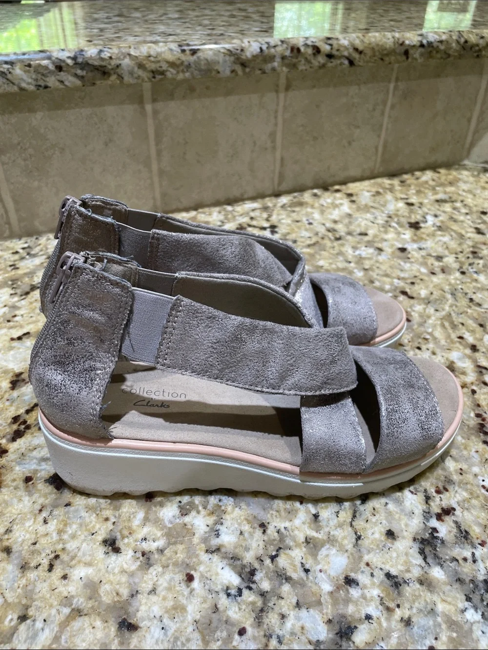 Clarks Shimmery Taupe Crisscross Wedge Sandals Size 7